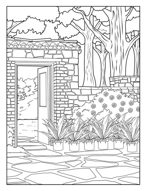 Stone wall garden gallery coloring pages for adults printable coloring page instant download pdf