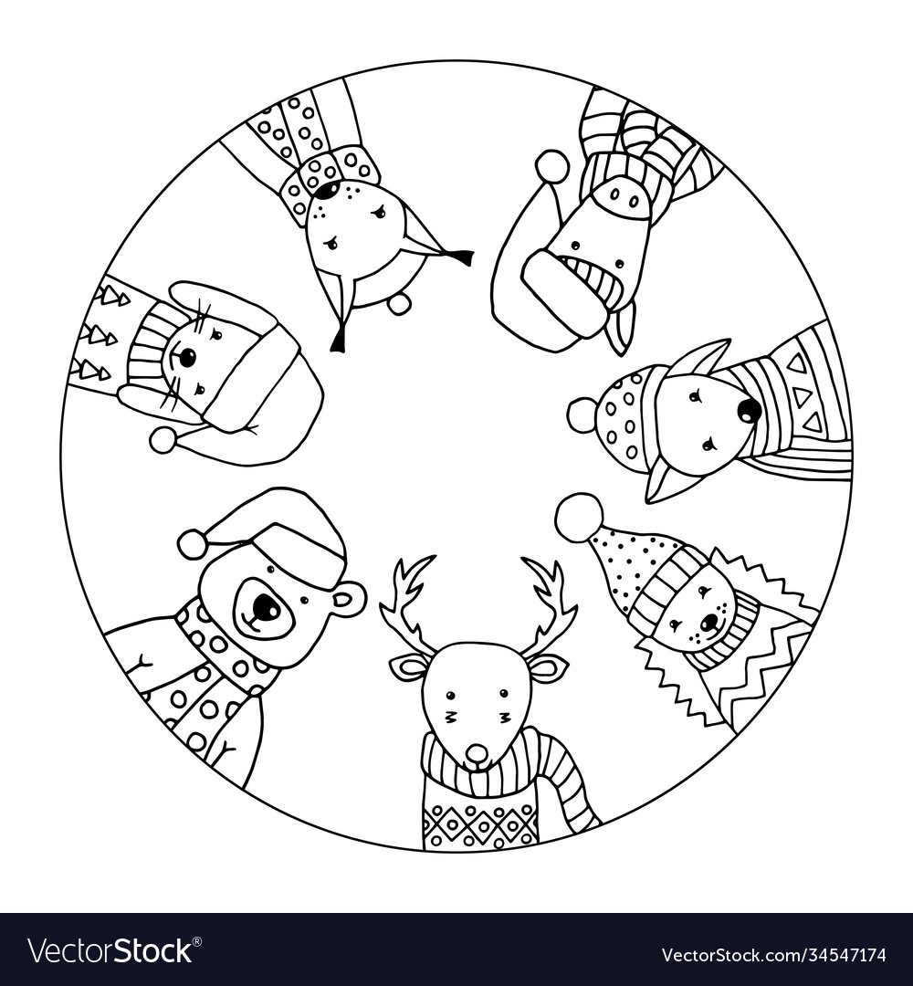 Coloring page with winter animals in a circle vector image