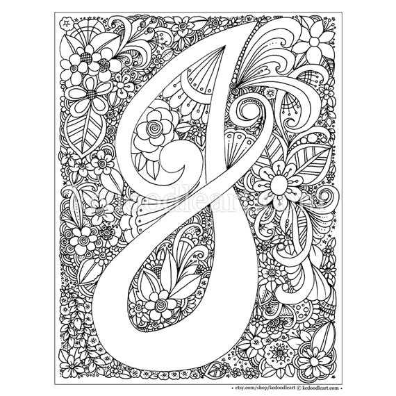 Instant digital download adult coloring page letter j instant download