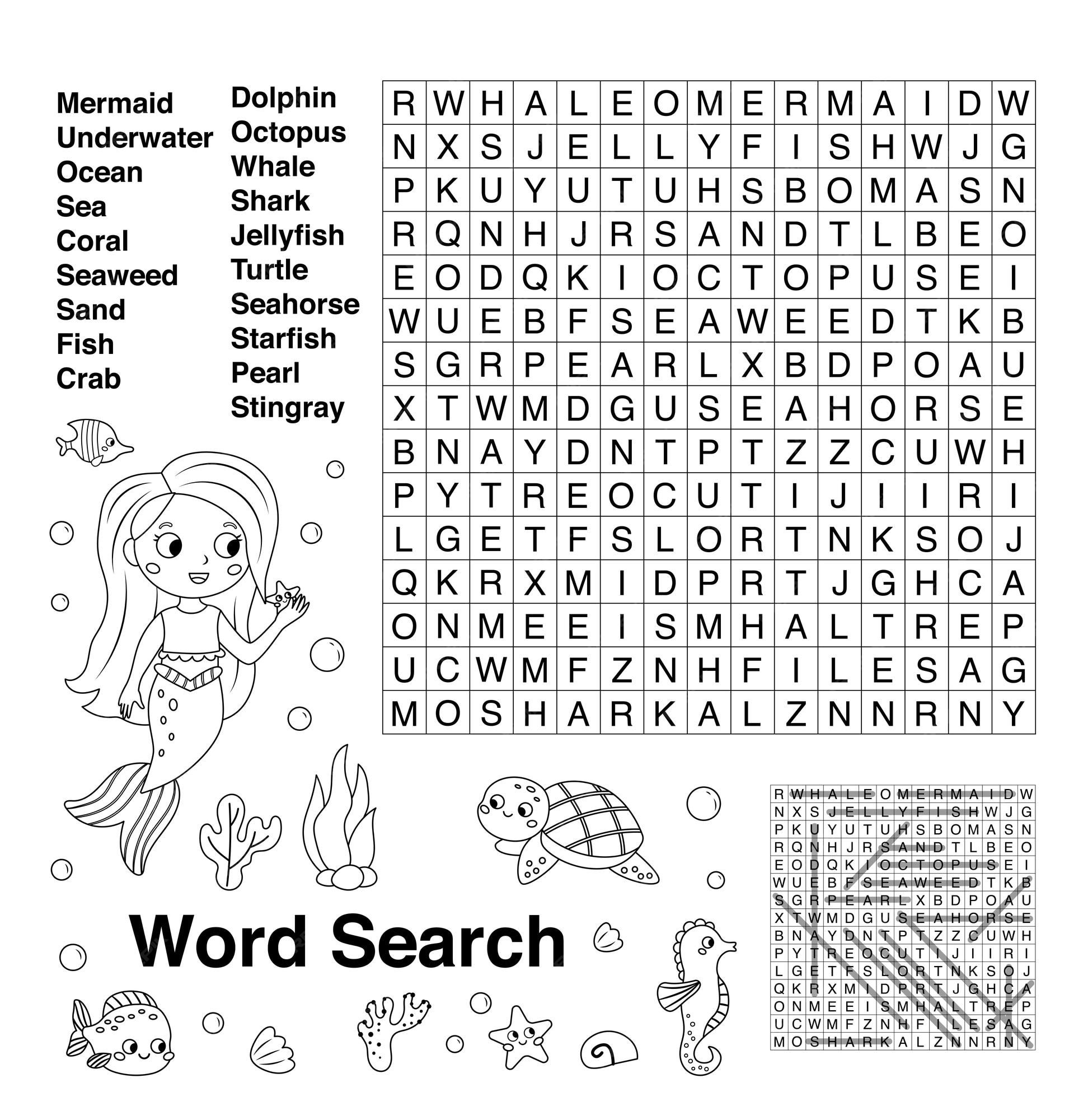 Premium vector sea word search with coloring page