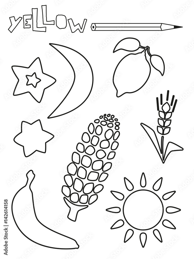 Coloring page yellow things set single color worksheets sun star lemon banana corn cookies spike moon vector illustration silhouette isolated for education and activities vector