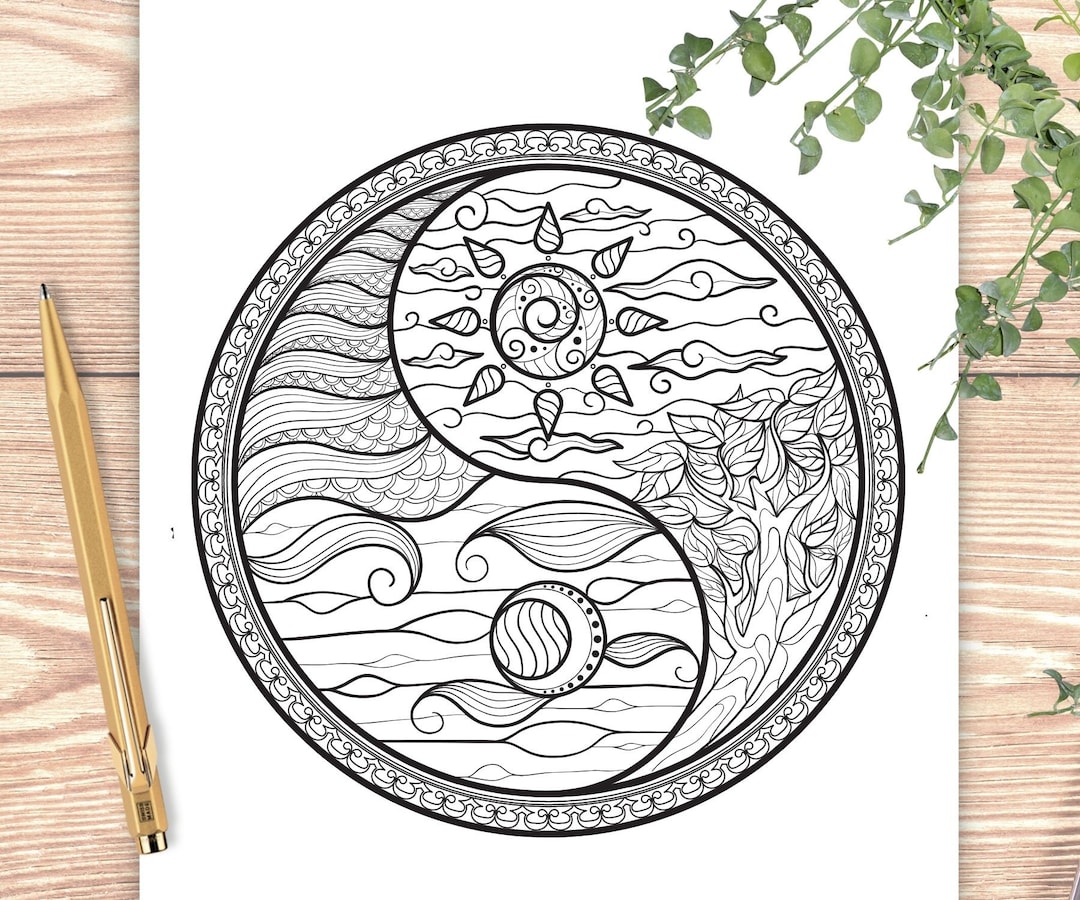 Yin yang sun moon printable coloring page digital download download now