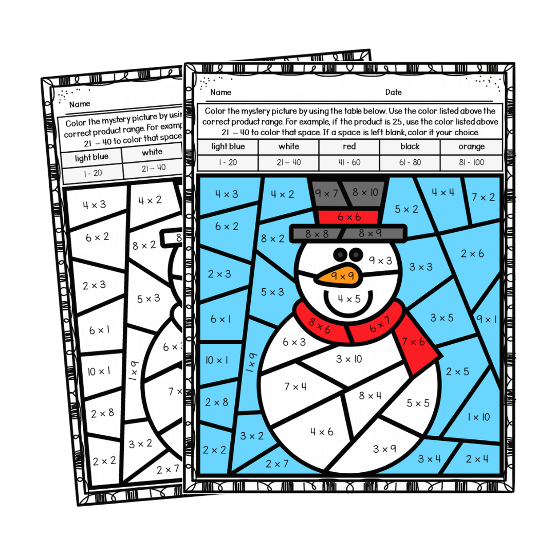 Christmas multiplication color by number worksheets