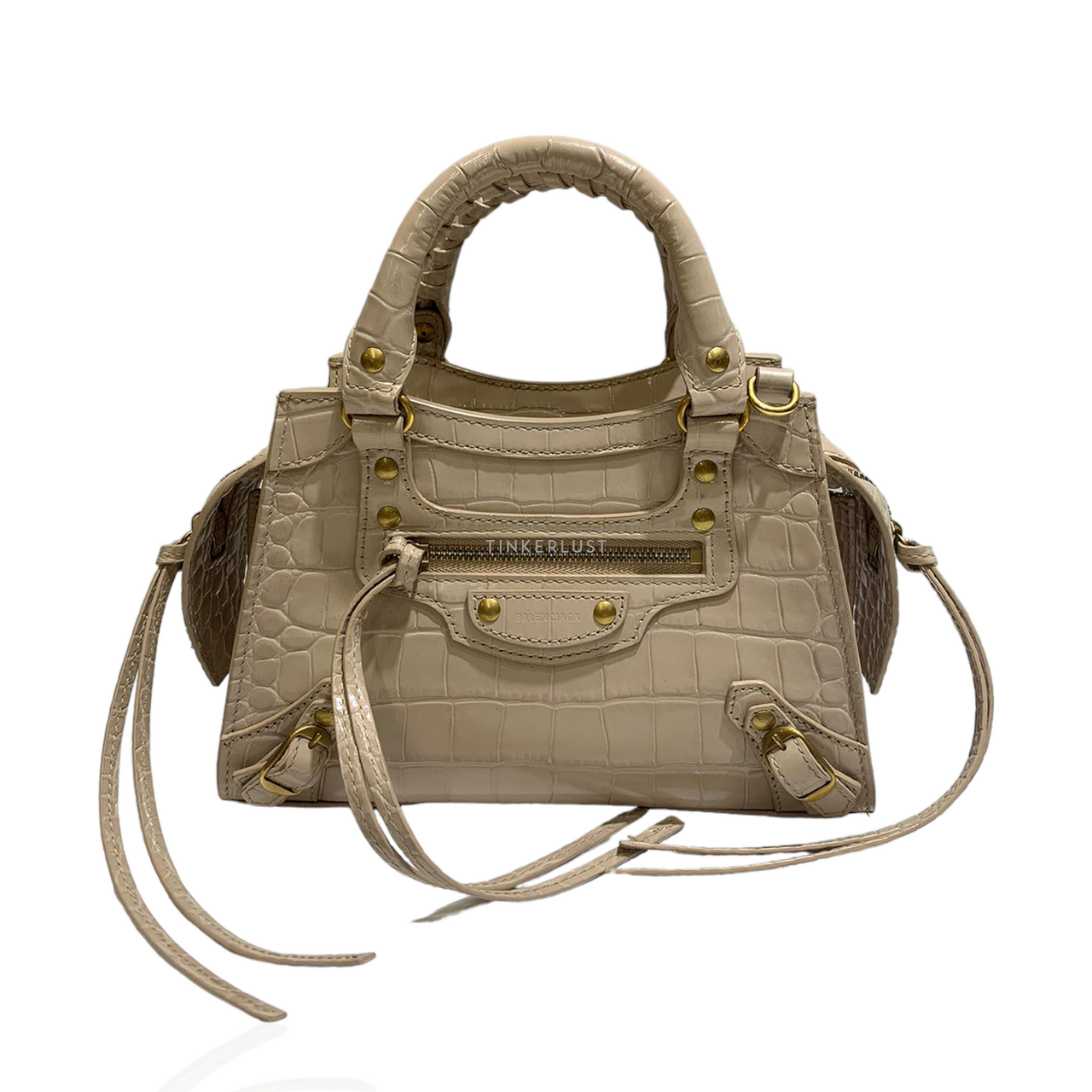 Tas satchel balenciaga neo classic mini city croco beige satchel