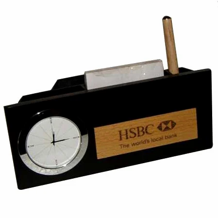 Analog black wooden table clock pen stand for office shape rectangle