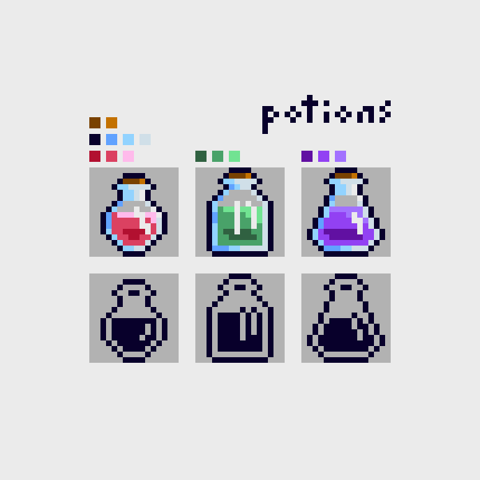 A set of potions in color and monochrome rpixelart