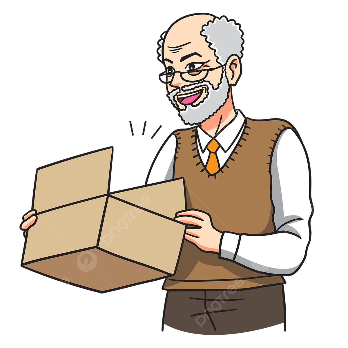 Open box packaging vector png images happy grandpa opens packaging box packaging box delivery box png image for free download