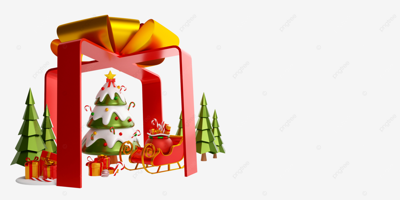 A d illustrated christmasthemed banner featuring a gift box containing a christmas tree sleigh and gift box decor box christmas png transparent image and clipart for free download