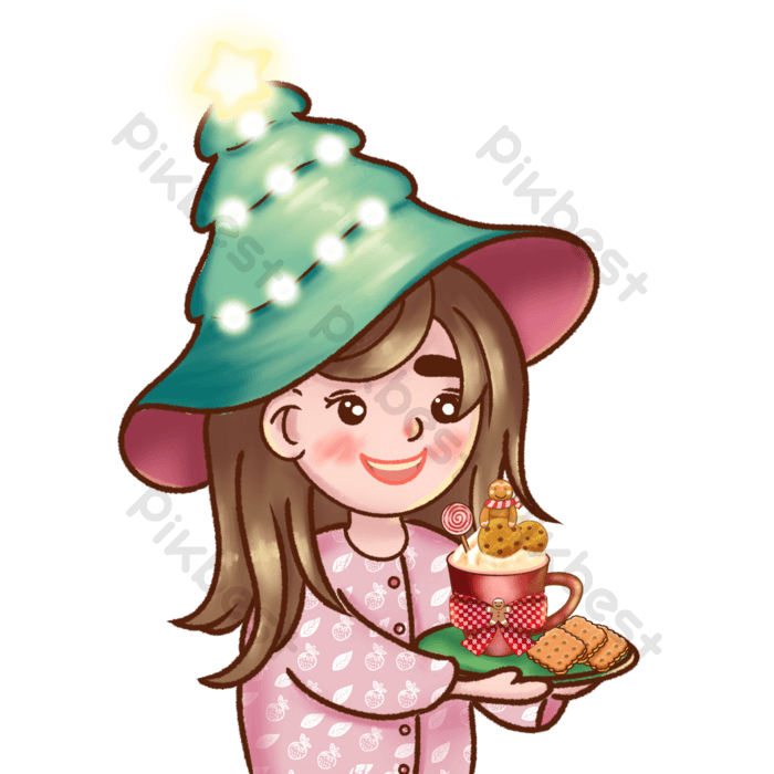 The girl wearing the pine tree is super cute cartoon style png images ai free download