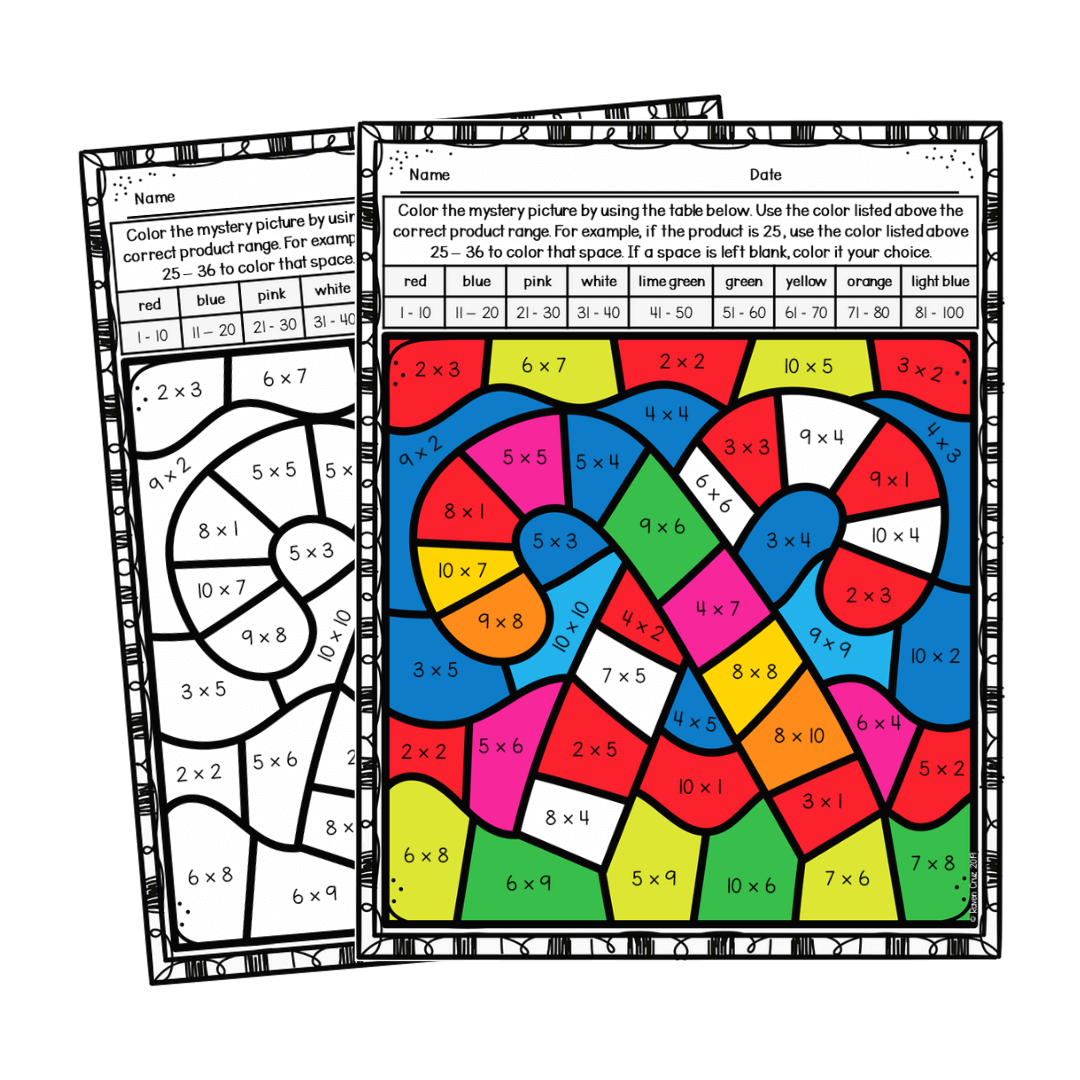 Christmas multiplication color by number worksheets