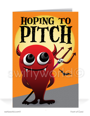 Funny little devil with pitchfork humorous business printed halloween cards for customers