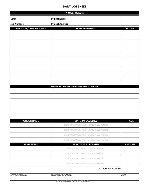 Printable construction daily employee work log field download now