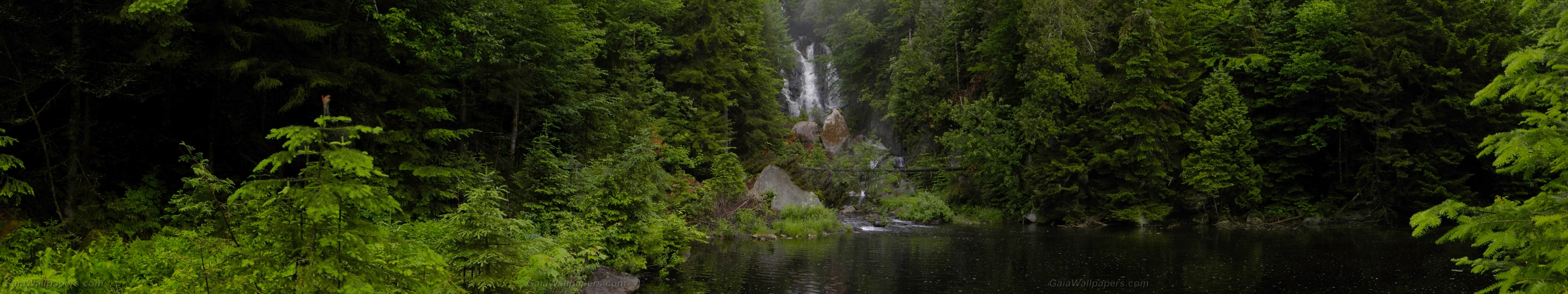 Waterfalls flowing into a calm pond wallpapers x