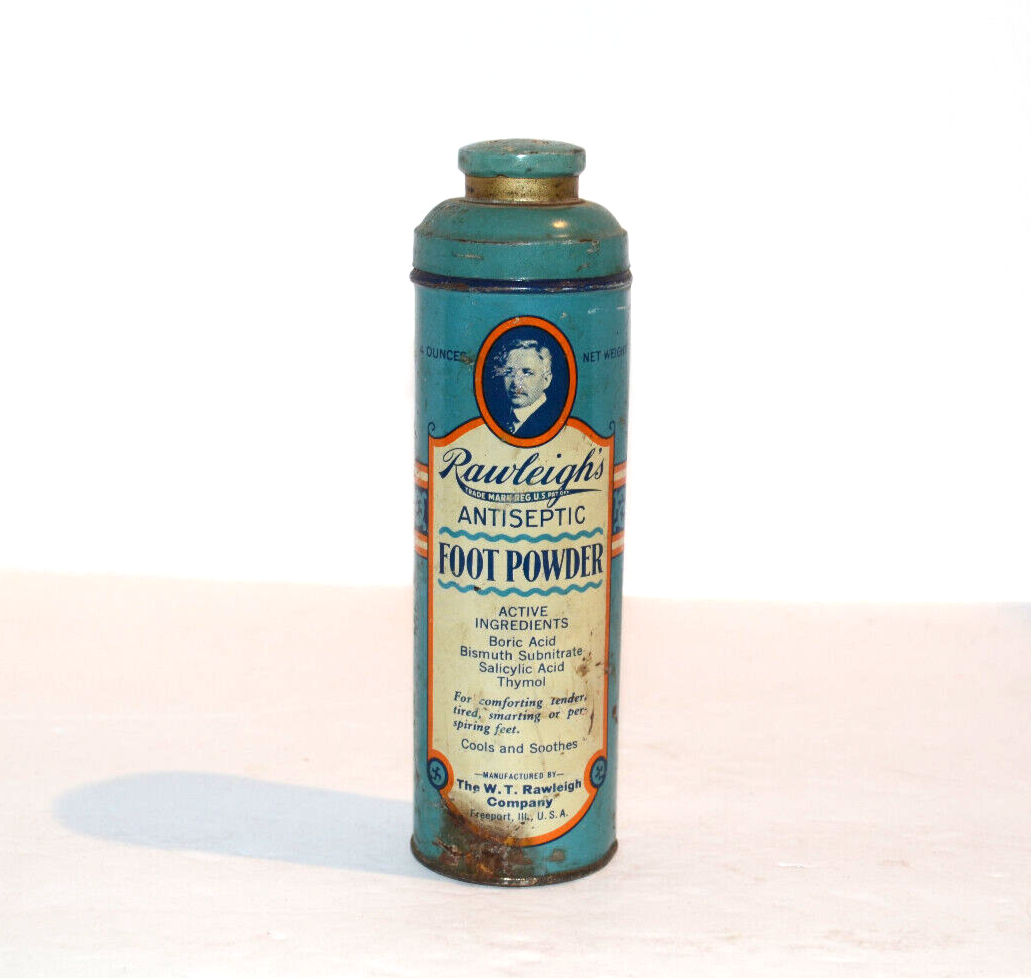 Vintage s rawleighs antiseptic foot powder tin advertising tall