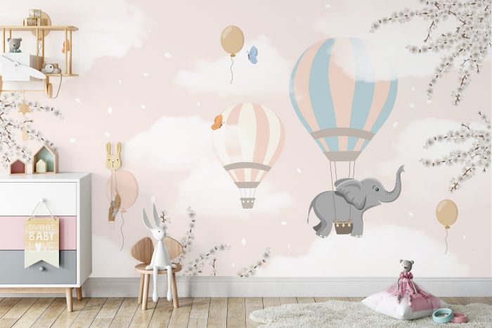 Kids Nursery Hot Air Balloon with Cartoon Animals Wallpaper Mural