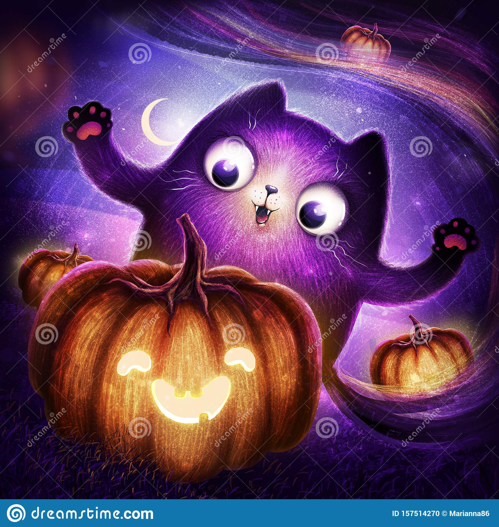 Happy cat character with smilling pumpkin say boo halloween greeting card poster wallpaper flyer and other stock illustration