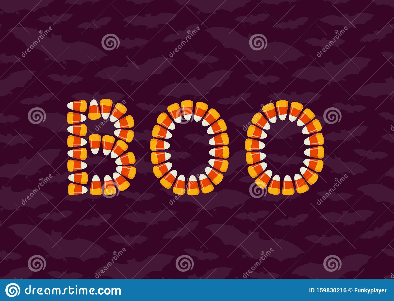 Halloween greeting card poster with bats holiday trick or treat wallpaper boo typography made of small candy corns stock vector