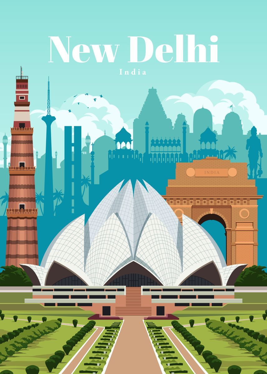 Travel to new delhi poster by studio displate travel posters retro travel poster vintage travel posters