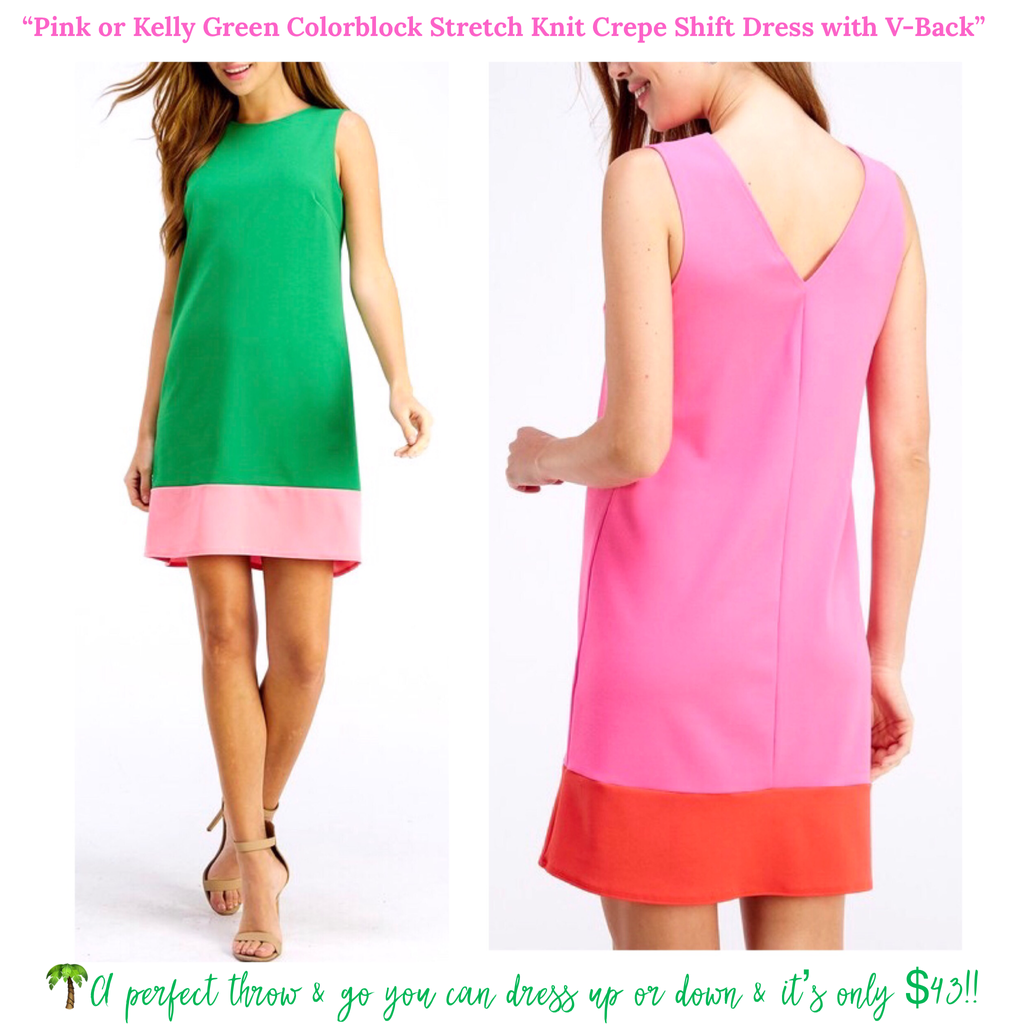 Navy pink or kelly green colorblock stretch knit crepe shift dress with v