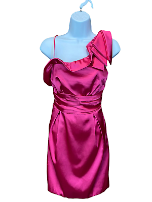 Teeze me pink satin knee length bow one shoulder occasion dress size bnwt