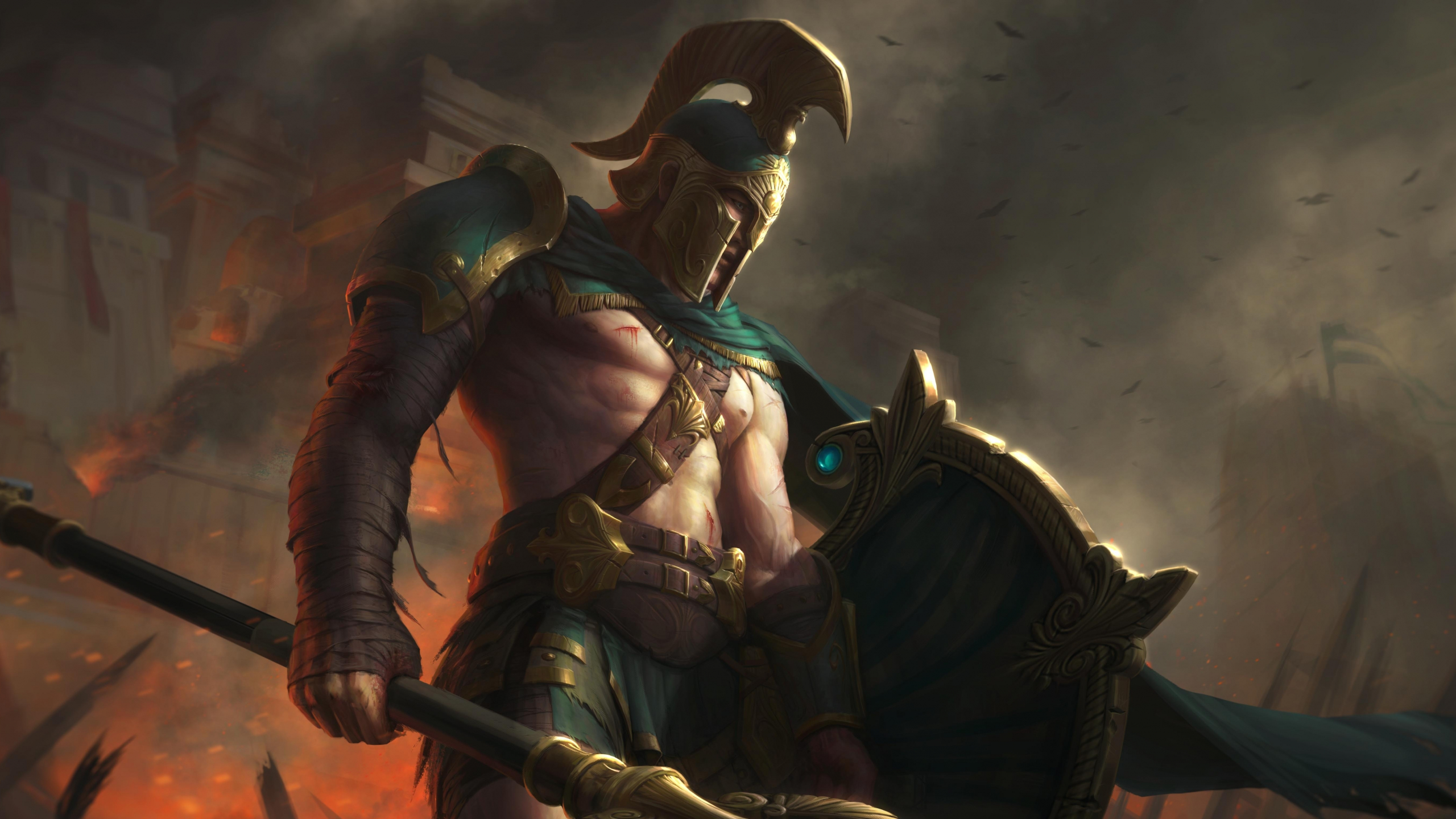 Download wallpaper x battleworn achilles smite video game warrior art dual wide x hd background