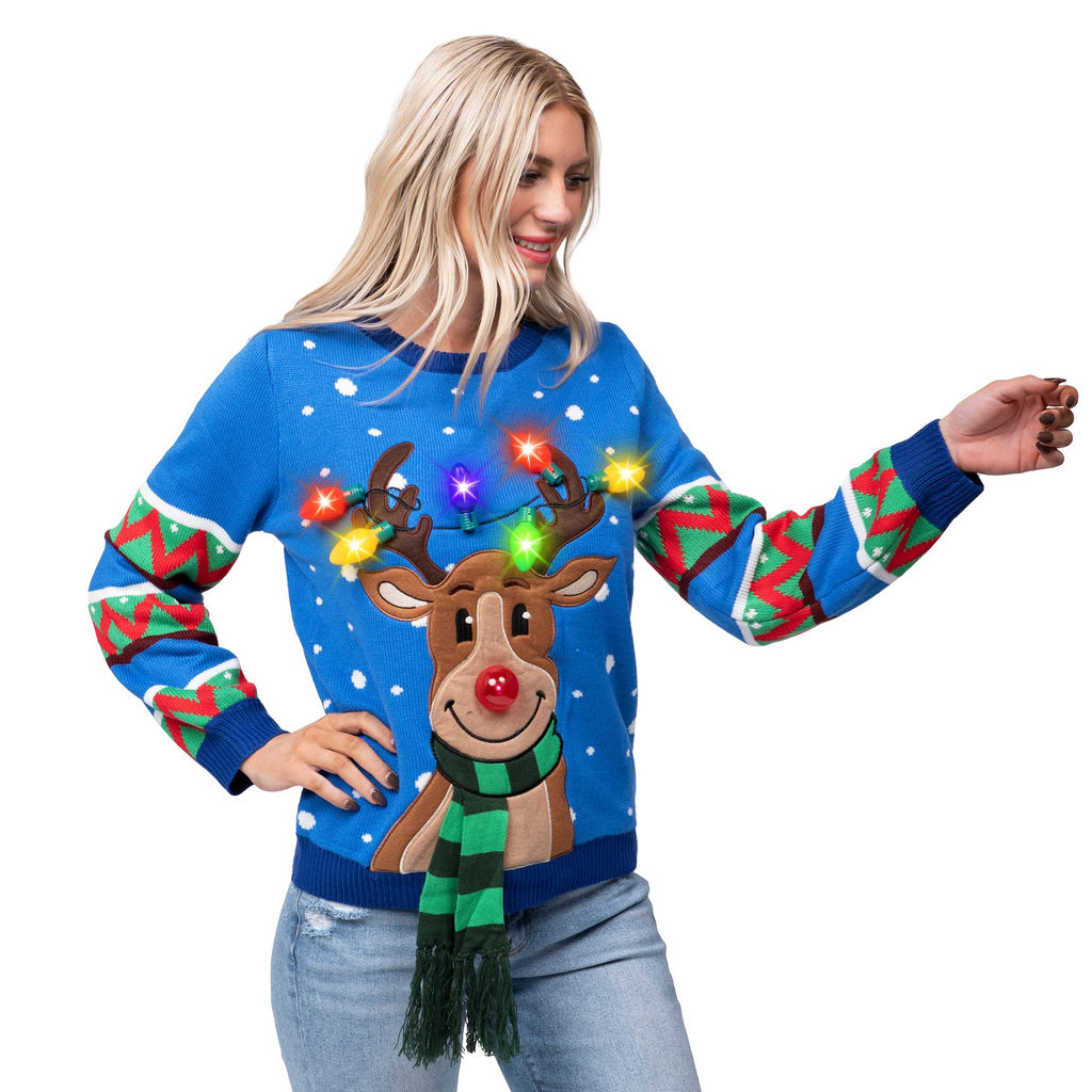 Adult reindeer ugly blue sweater with light bulbs