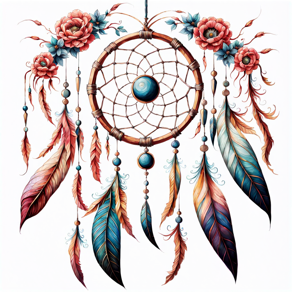 Dreamcatcher with two leaves in a tattoo style drawing and watercolor splashes on background