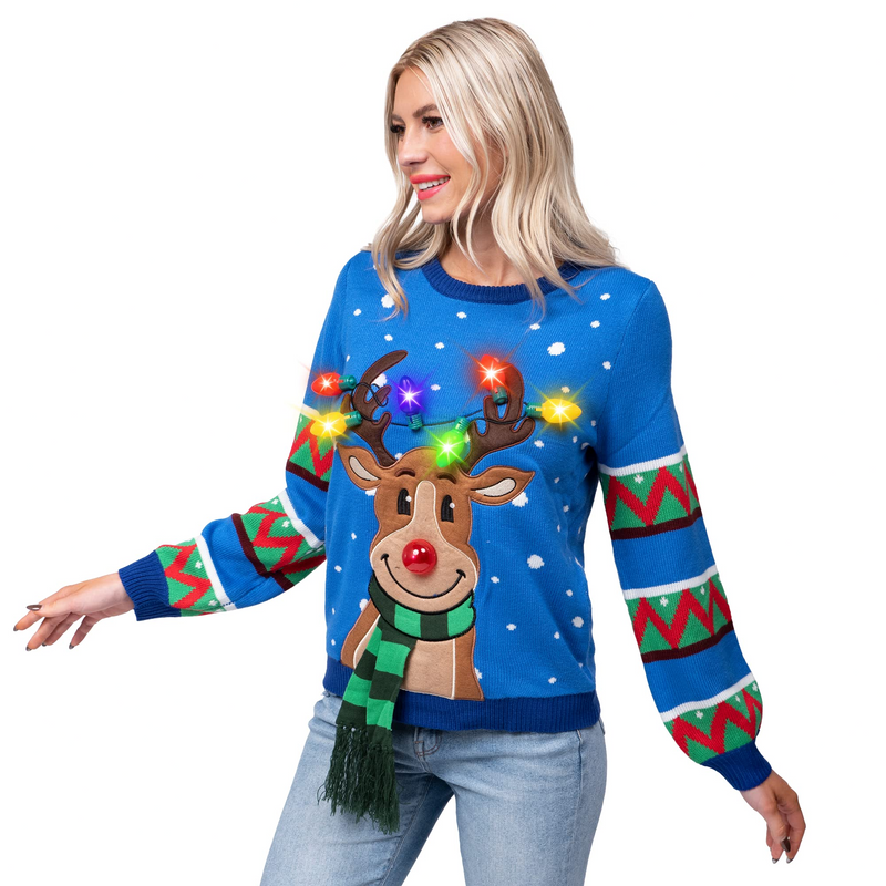 Adult reindeer ugly blue sweater with light bulbs