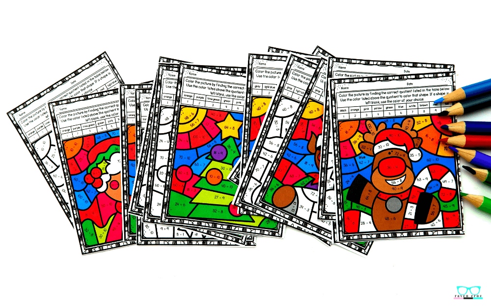 Color by number christmas division worksheets