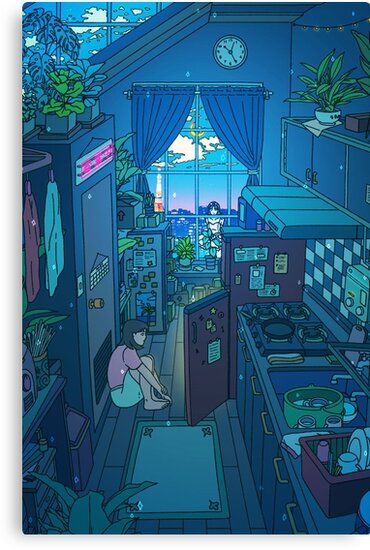 Blue kitchen canvas print by seerstuff anime scenery wallpaper anime scenery aesthetic art