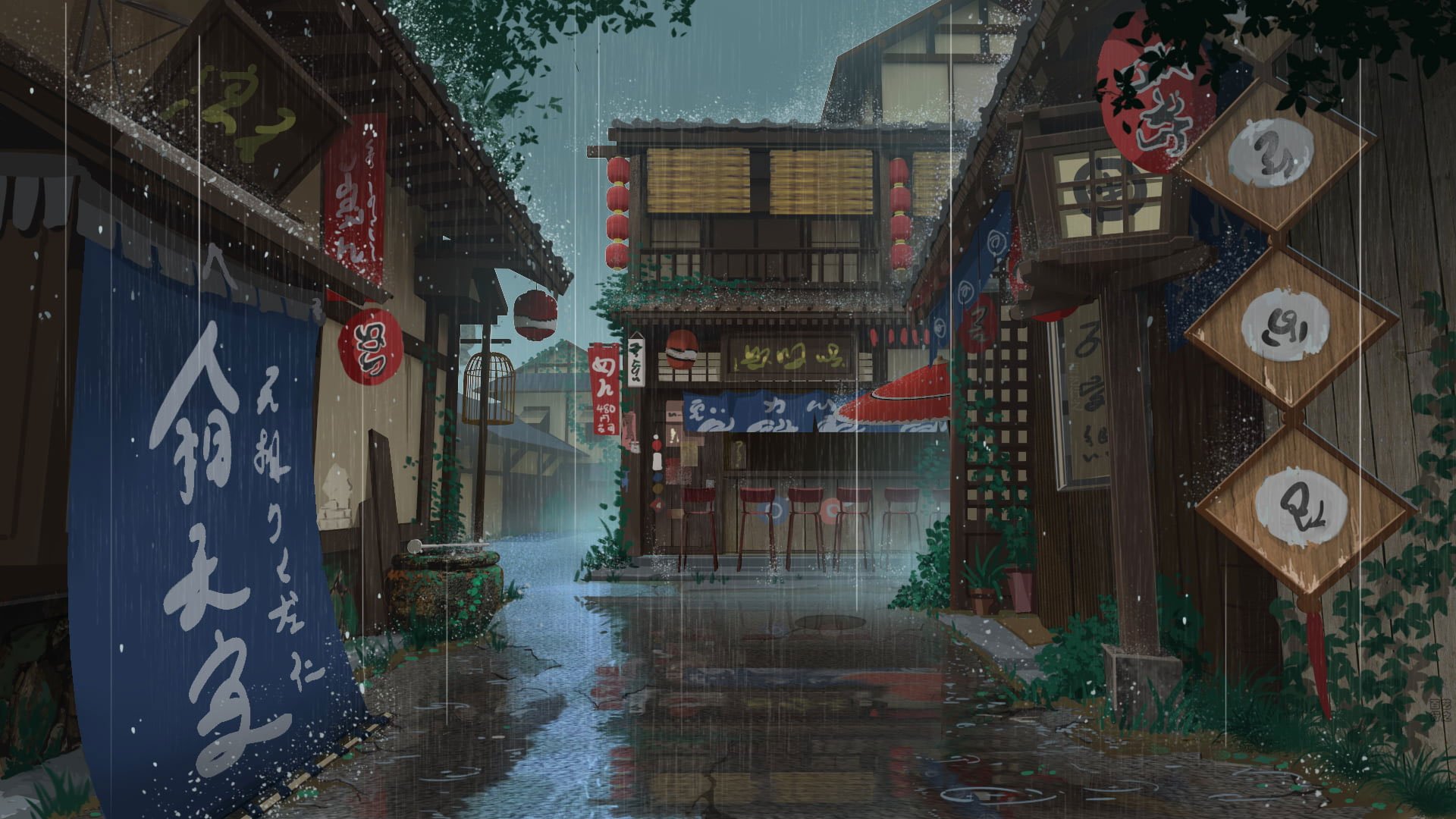 Wallpaper anime original house rain street