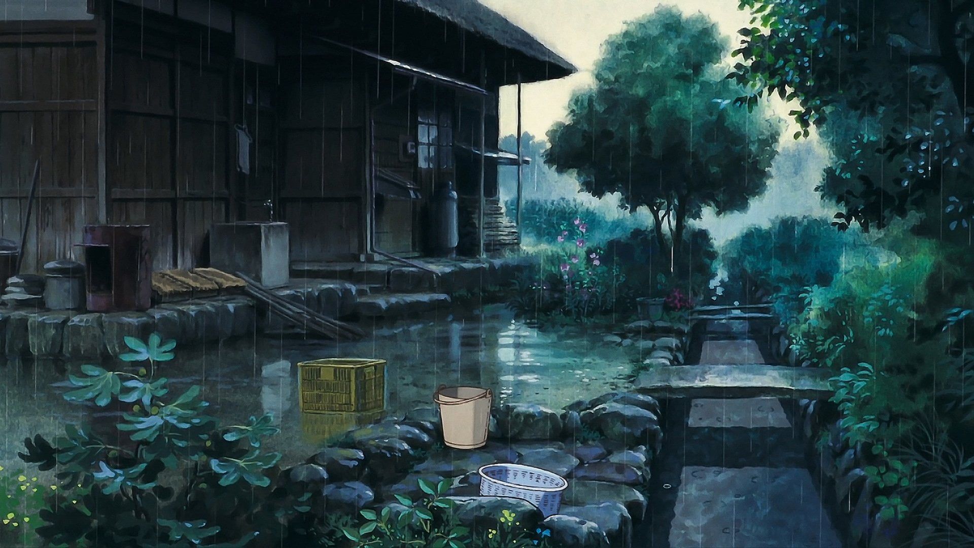 Rain trees bucket anime house outdoors p wallpaper hdwallpaper desktop anime scenery wallpaper anime scenery scenery wallpaper