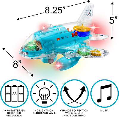 Light up transparent airplane toy for kids pc bump and go kids airplane with