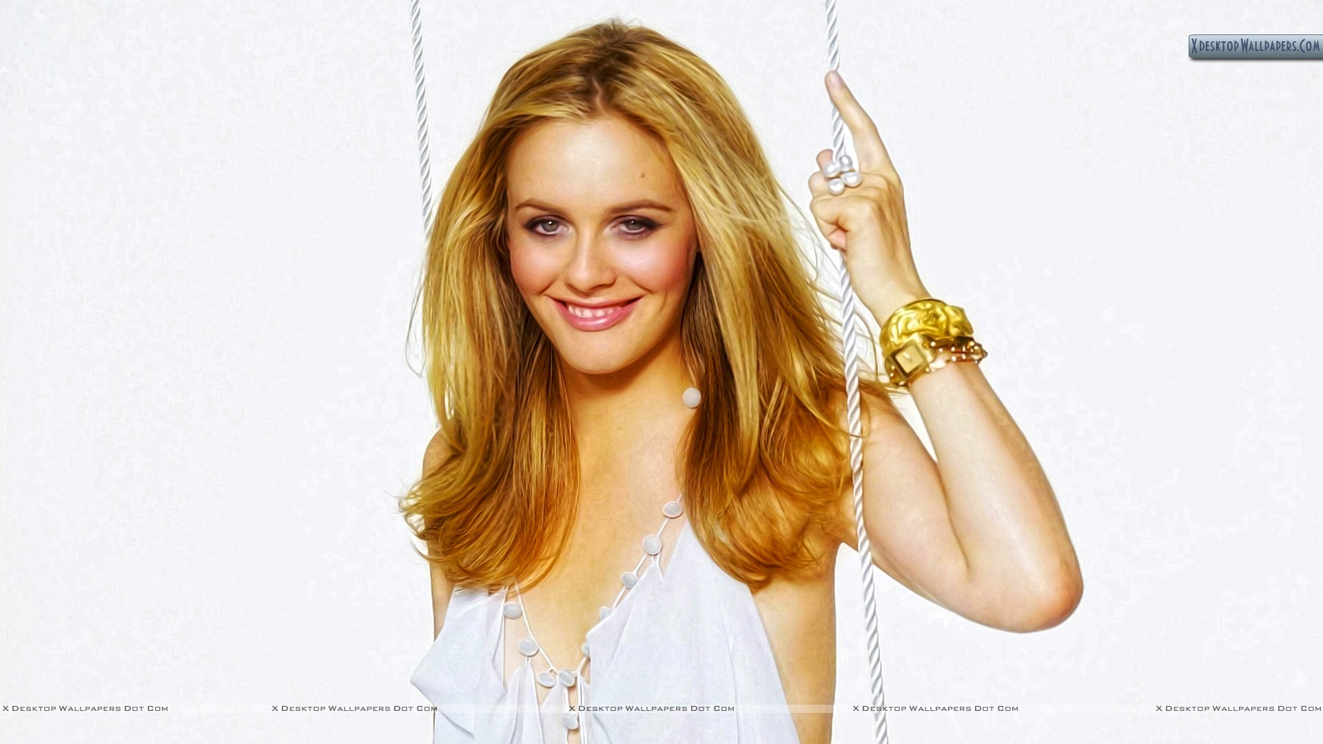 Alicia silverstone standing smiling at camera white dress wallpaper