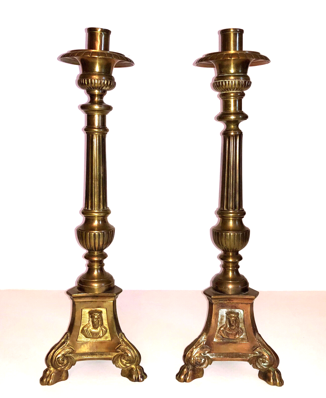 Antique baroque jesus joseph virgin mary brass church candle holders