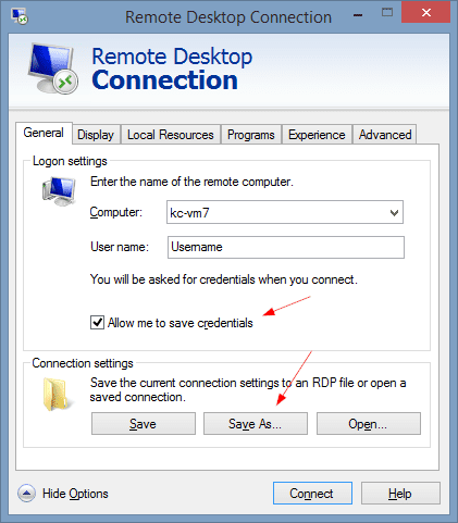 How to save password in a remote desktop connection in windows