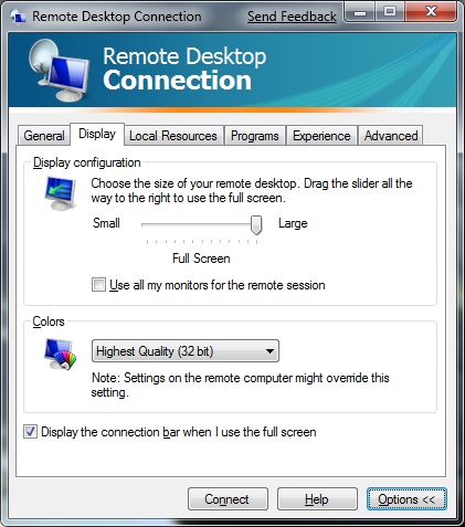 Change the default resolution of remote desktop connection mstsc