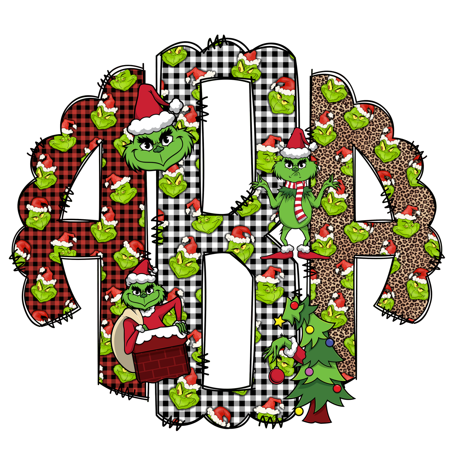 Green elf christmas doodle monogram letters with clip art png grinch â the doodle letter store