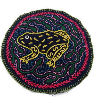 Hand embroidered peruvian rug with shipibo toad design peruvian crafts