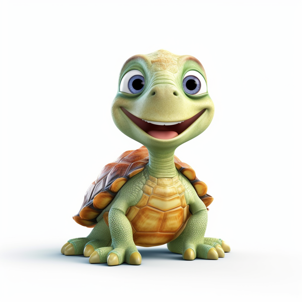 A cute adorable turtle with a big smile full body image pixar style clipart white background