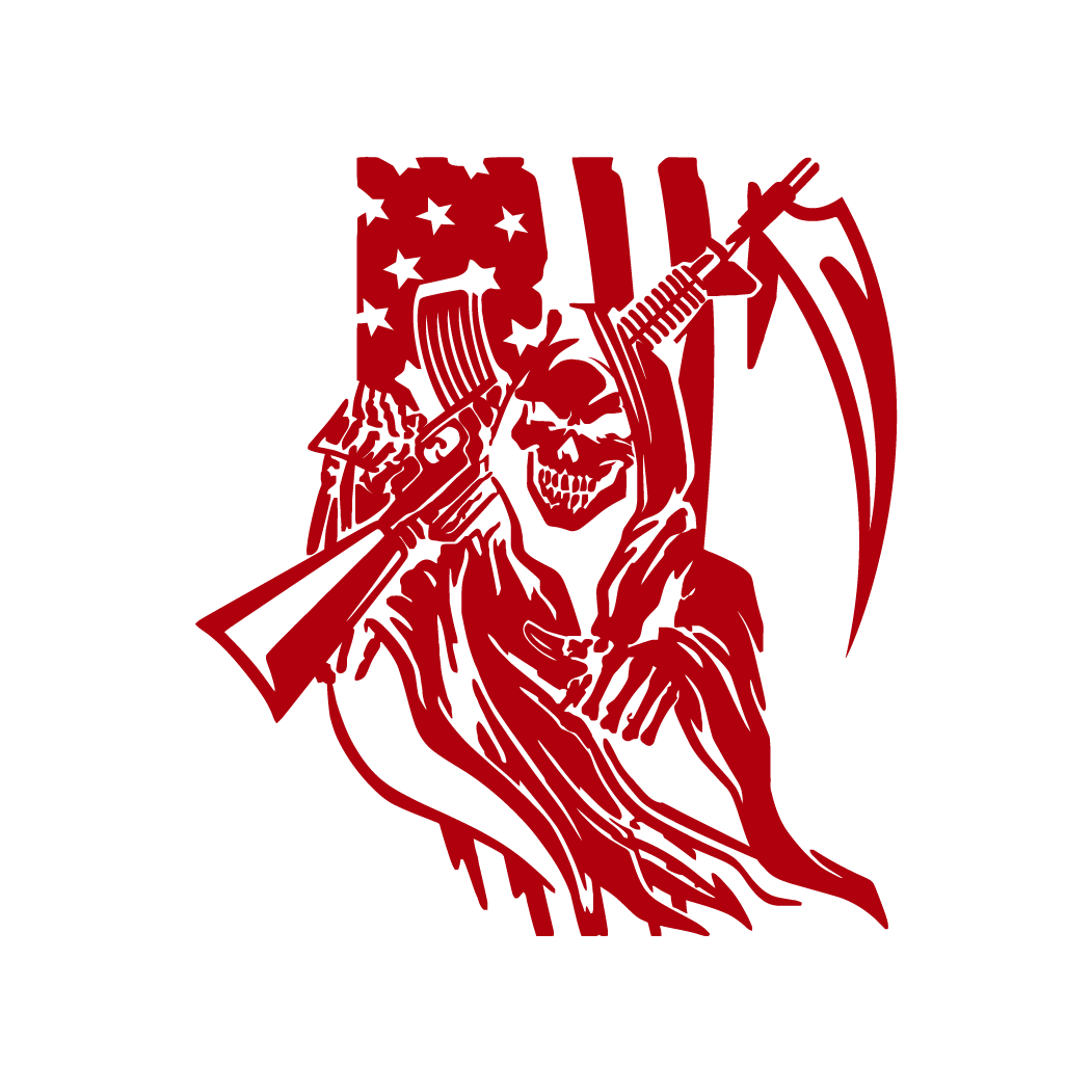 Grim reaper with american flag holding machine gun scythe die cut decal