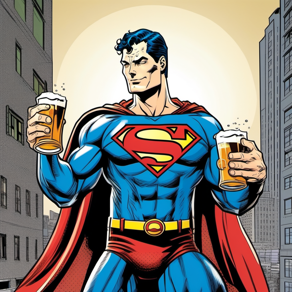 Superman relaxing with a cold beer in comic style muse