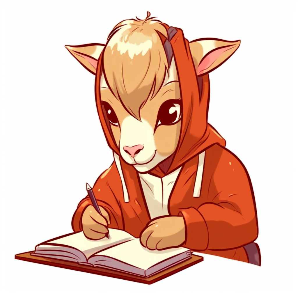 Goat kid writing in a book while sitting at a desk at school clip art vector simple thick cartoon lines white background anime style