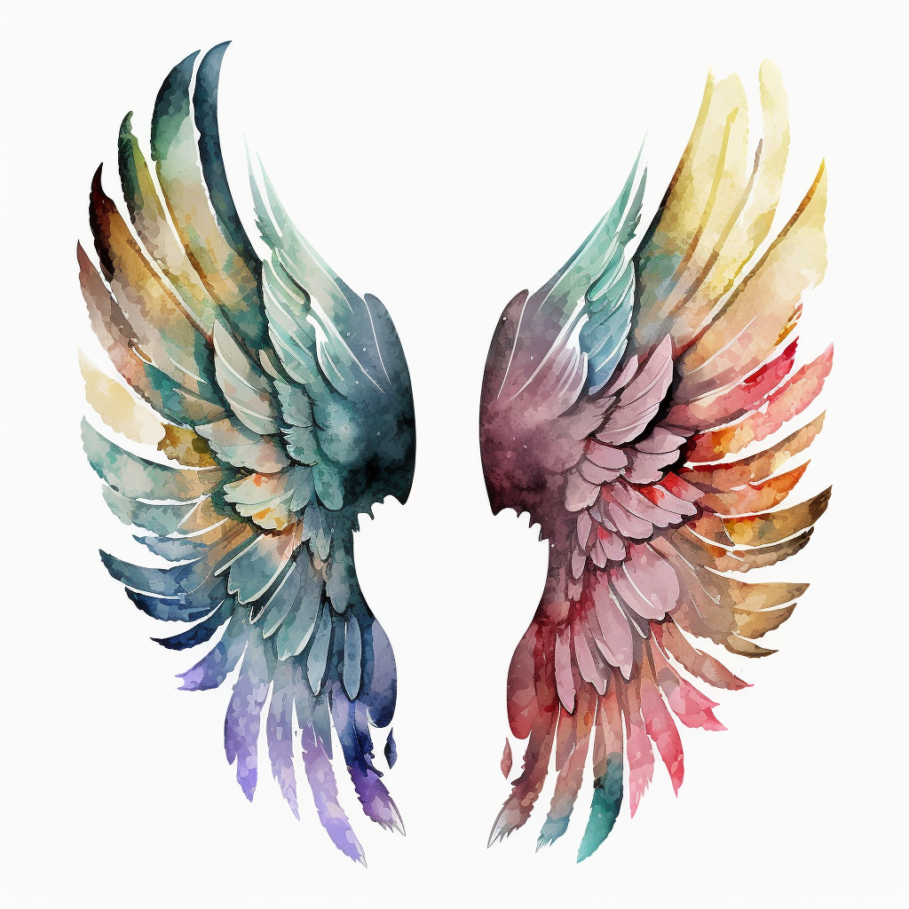 A collection of vibrant and colorful angel wings watercolor clipart against a white clear background each