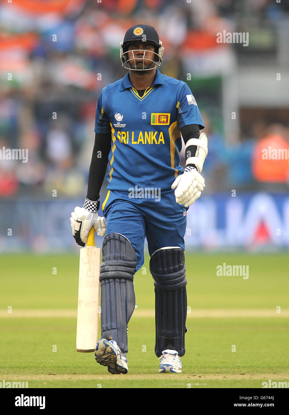 Sri lankas angelo mathews looks dejected as he leaves the field of play after losing his wicket during the icc champions trophy semi final at the swalec stadium cardiff stock photo