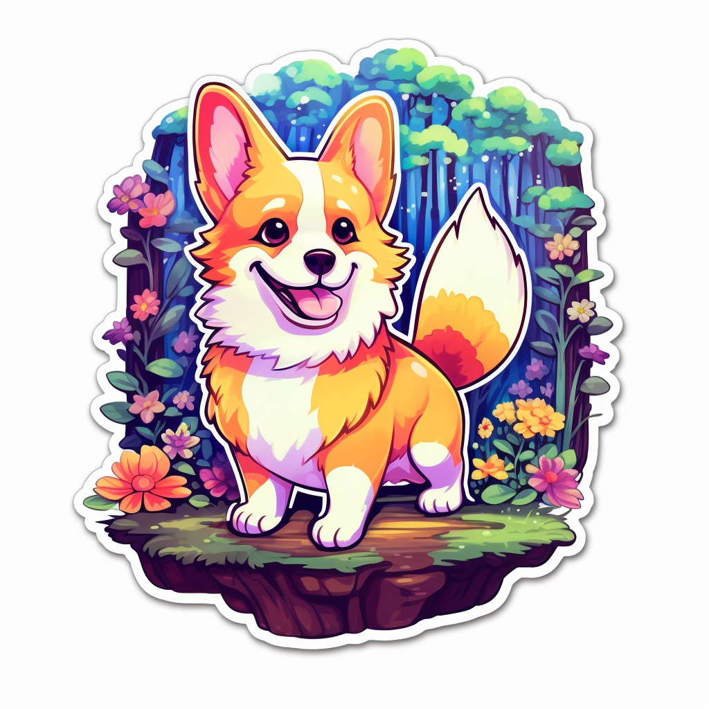 Imagine a cheerful corgi exploring a magical forest the corgi has a mischievous smile on its