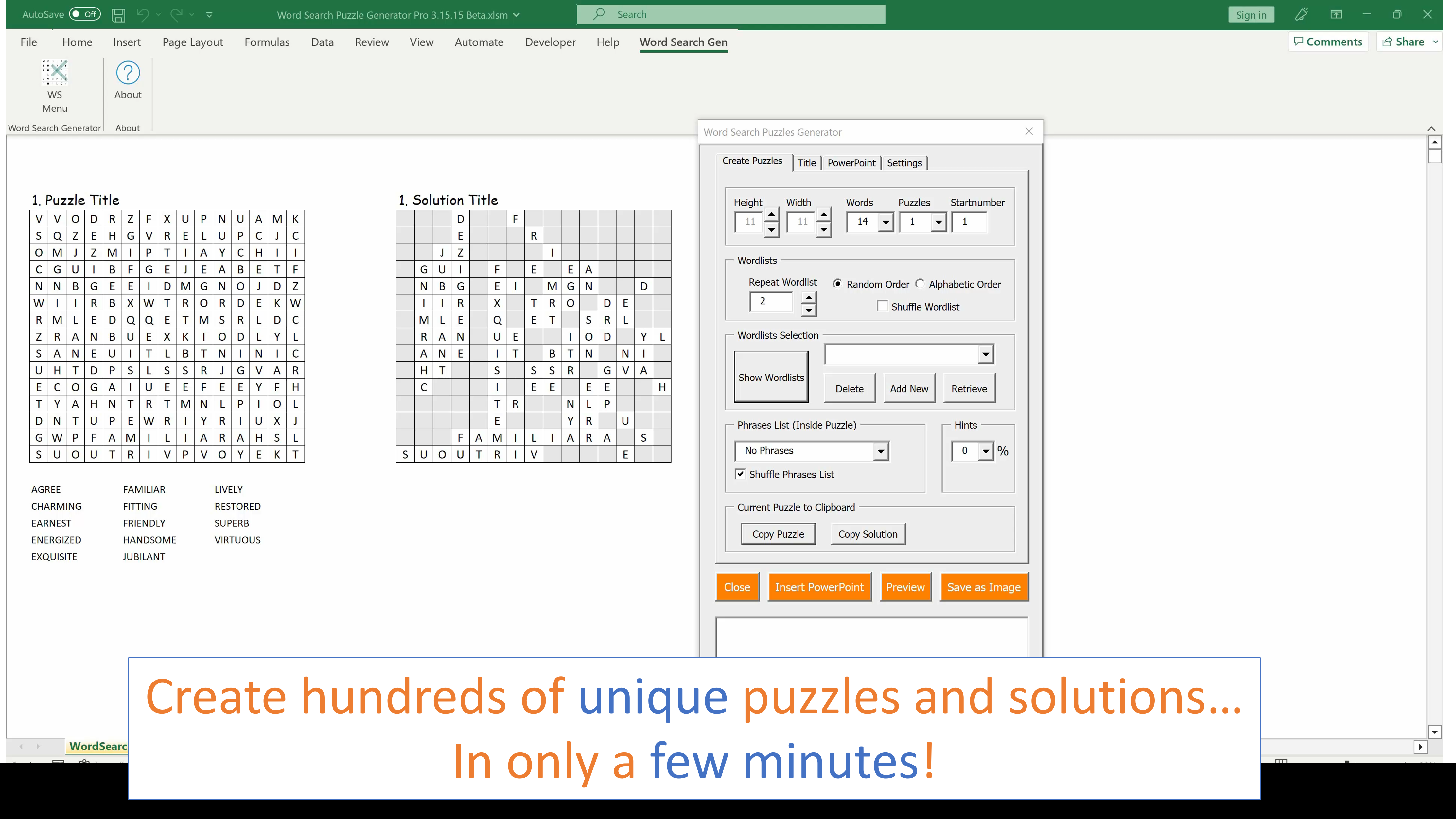 Word search puzzle generator with crosswords and hidden sentence