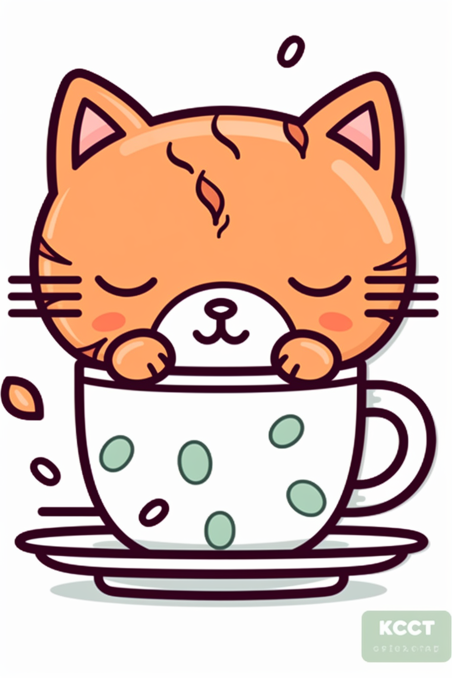 Cute kawaii cat in the coffee cup icon coloring page for kids full page pattern made