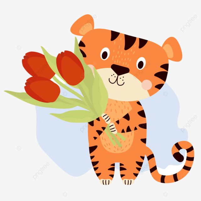 Cute tiger cub with a bouquet of red flowers tulips on a blue background tiger cute portrait png and vector with transparent background for free download