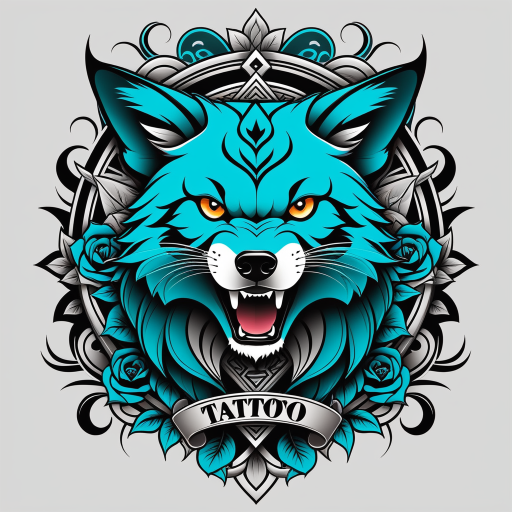 Design an artistic tattoo featuring a sophisticated wolf with a quill pen